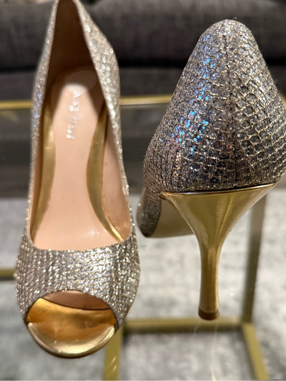 Nine West Glitter Peep-Toe Heels in Silver with Gold Heel